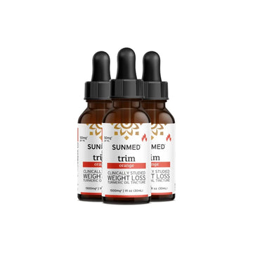 Three brown dropper bottles labeled “Sunmed CBD *30% Off* - Full Profile Trim Tinctures 3-Pack” on a white background.
