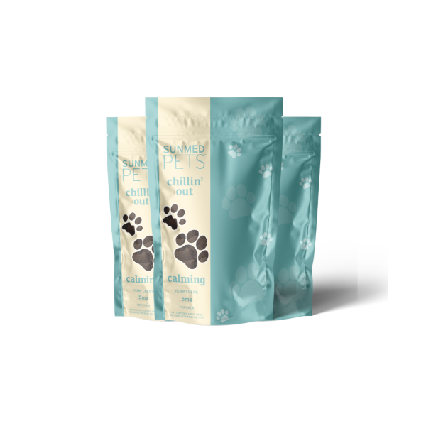 Three teal and beige Sunmed CBD “Chillin’ Out” pet treat bags with paw print designs and calming hemp formula, standing upright; featured as a *30% Off* Broad Profile Chillin’ Out Hemp Pet Chews 3-Pack.