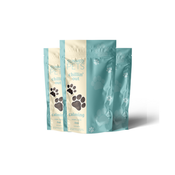 Three teal and beige Sunmed CBD “Chillin’ Out” pet treat bags with paw print designs and calming hemp formula, standing upright; featured as a *30% Off* Broad Profile Chillin’ Out Hemp Pet Chews 3-Pack.