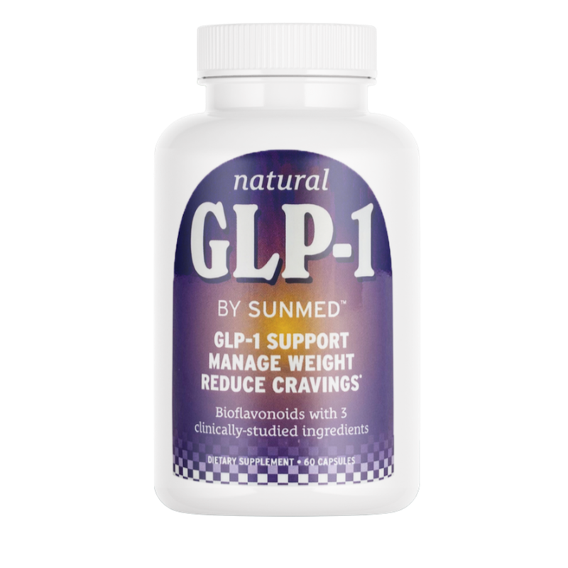A white bottle labeled “*15% Off* - GLP1 Supplement” for weight support and craving reduction by Sunmed CBD.