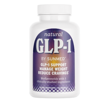 A white bottle labeled “*15% Off* - GLP1 Supplement” for weight support and craving reduction by Sunmed CBD.