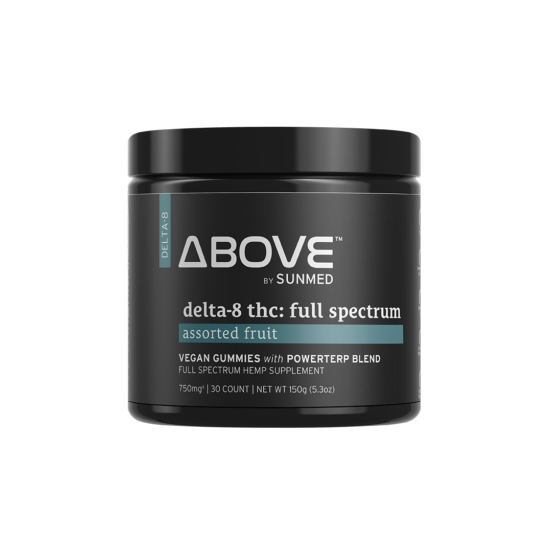 Sunmed CBD's Above Delta-8 Full Spectrum Blend Gummies come in a black jar with 30 assorted fruit vegan gummies, each infused with delta-8 THC hemp extract.