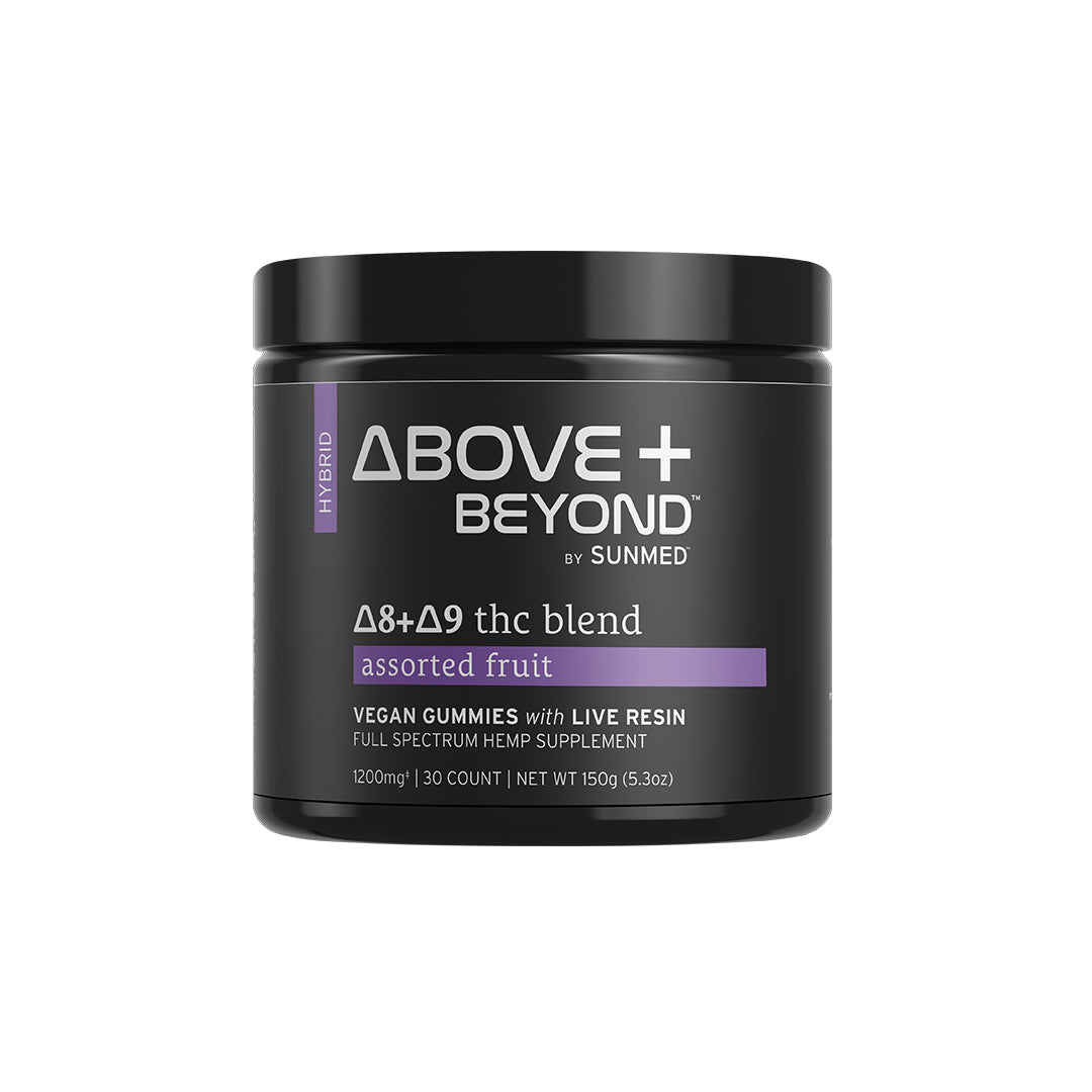 Black jar labeled "Above + Beyond Live Resin CBD Gummies" by Sunmed CBD. Assorted fruit vegan gummies with live resin, crafted for a premium CBD experience and delicious flavor.