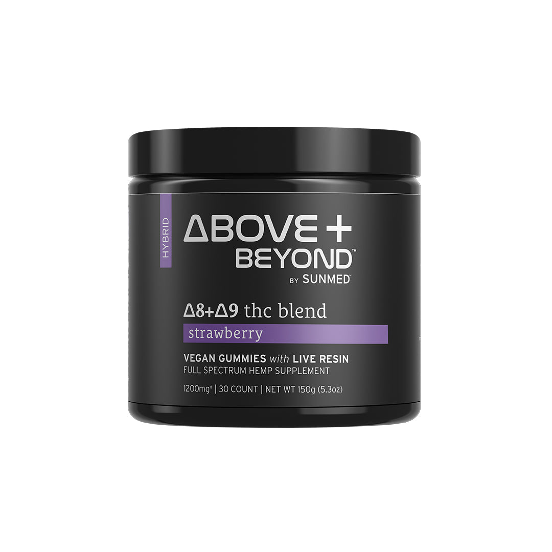 Sunmed CBD's Above + Beyond Live Resin CBD Gummies: vegan strawberry gummies infused with Delta-8 and Delta-9 THC blend, featuring live resin in a black jar.