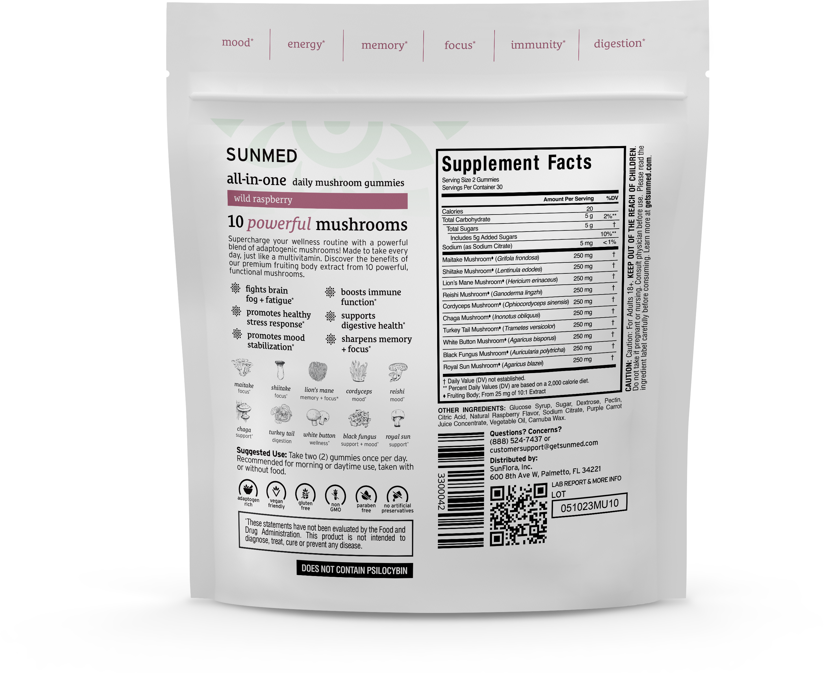 Back view of the Sunmed CBD All-in-One Mushroom Gummies bag, showcasing supplement facts, ingredients, and benefits that emphasize their support for immune function through the power of adaptogenic mushrooms.