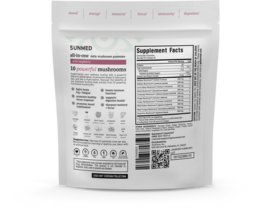 Back view of the Sunmed CBD All-in-One Mushroom Gummies bag, showcasing supplement facts, ingredients, and benefits that emphasize their support for immune function through the power of adaptogenic mushrooms.