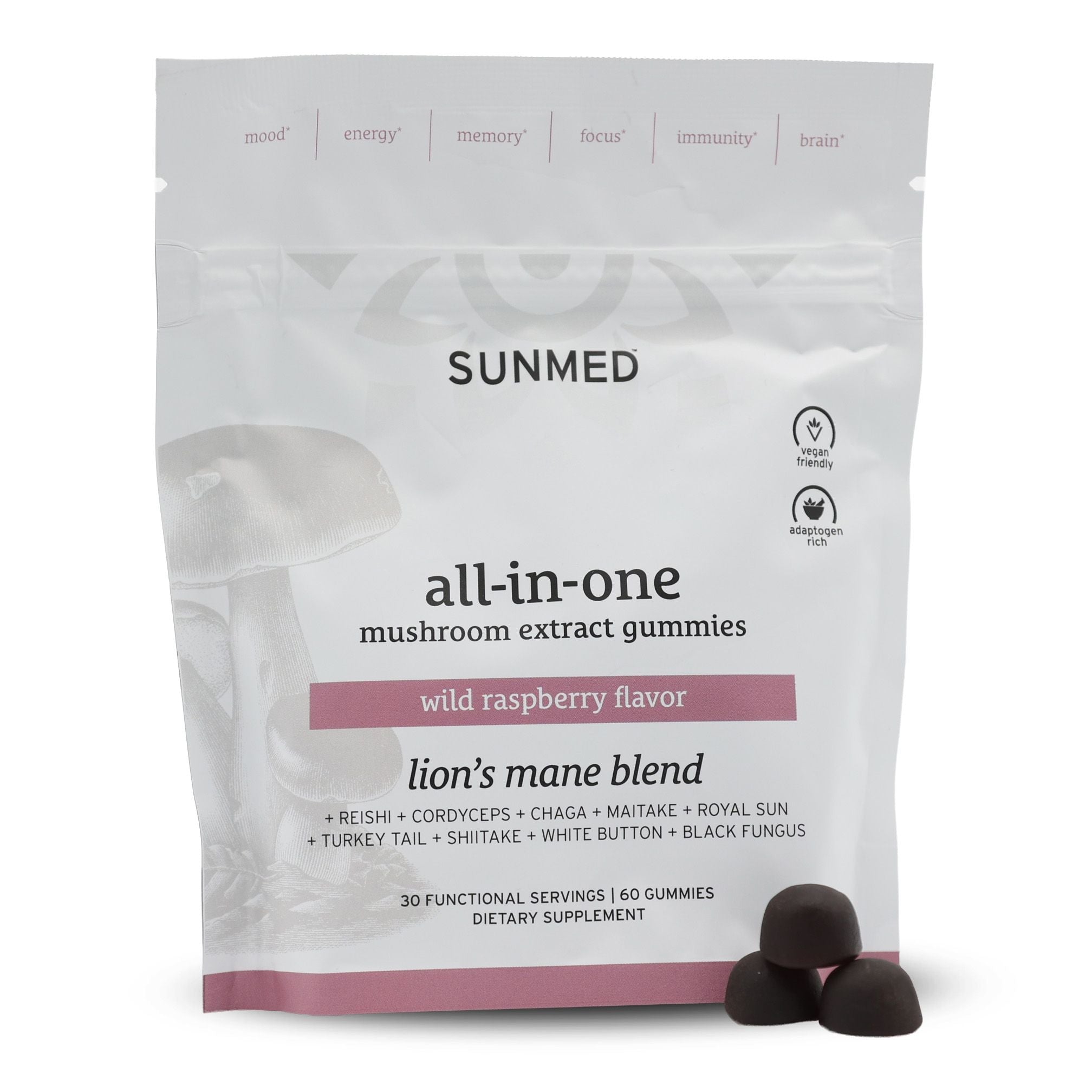A white bag of Sunmed CBD All-in-One Mushroom Gummies in wild raspberry flavor, featuring adaptogenic mushrooms for immune support, with tasty mushroom gummies showcased in front.