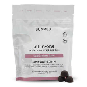 A white bag of Sunmed CBD All-in-One Mushroom Gummies in wild raspberry flavor, featuring adaptogenic mushrooms for immune support, with tasty mushroom gummies showcased in front.