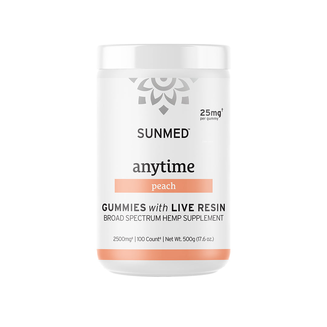White container of Sunmed CBD Broad Spectrum CBD Anytime Gummies, peach flavor with Live Resin CBD, broad spectrum hemp supplement, 100 count.