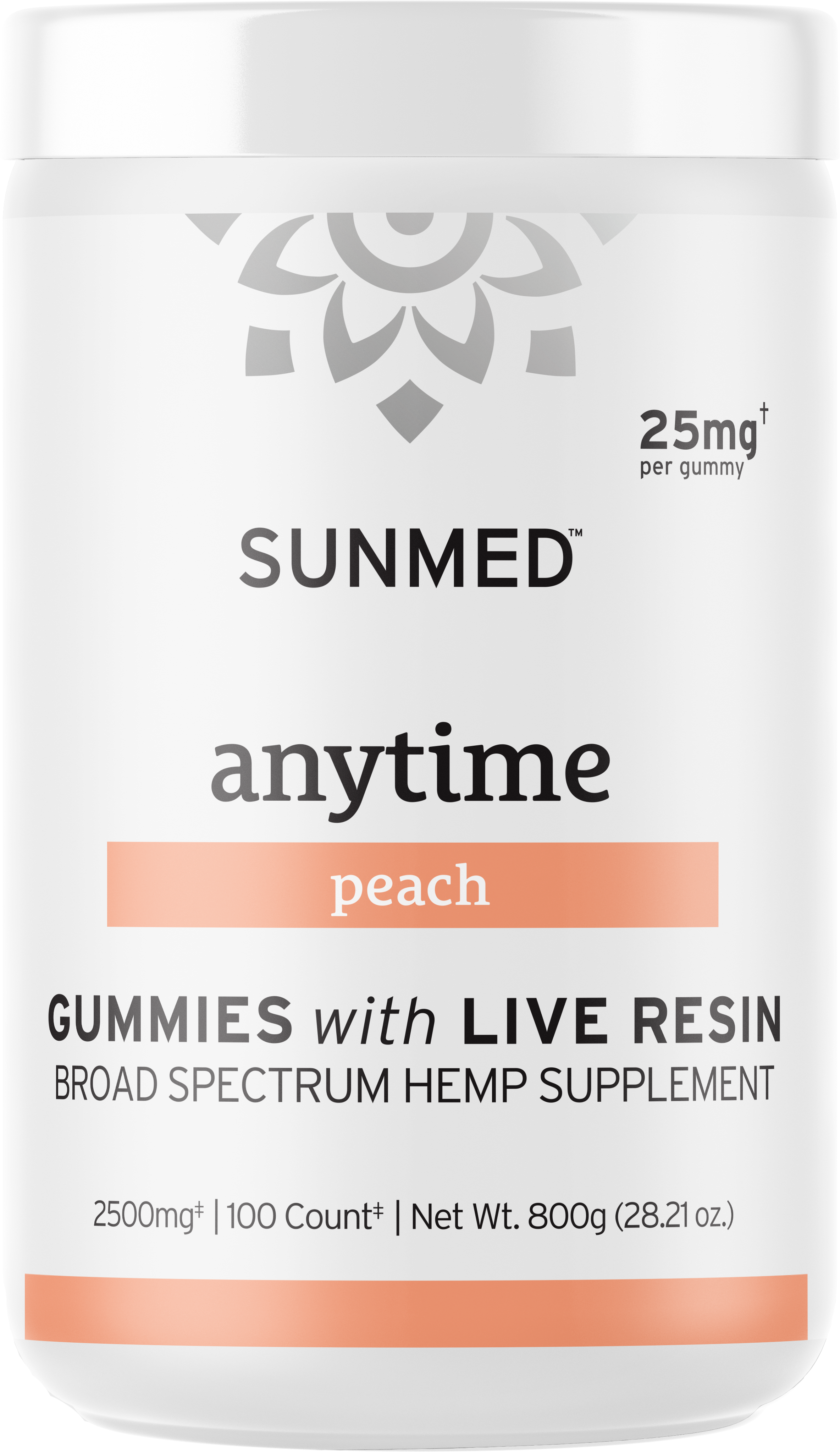 White jar labeled Sunmed CBD Broad Spectrum CBD Anytime Gummies, Peach flavor, 25mg per gummy, 100 count—hemp supplement with live resin.