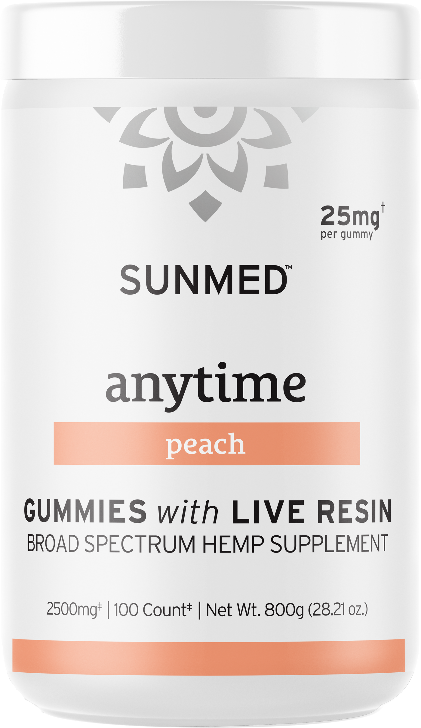 White jar labeled Sunmed CBD Broad Spectrum CBD Anytime Gummies, Peach flavor, 25mg per gummy, 100 count—hemp supplement with live resin.