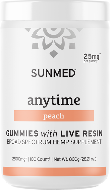 White jar labeled Sunmed CBD Broad Spectrum CBD Anytime Gummies, Peach flavor, 25mg per gummy, 100 count—hemp supplement with live resin.
