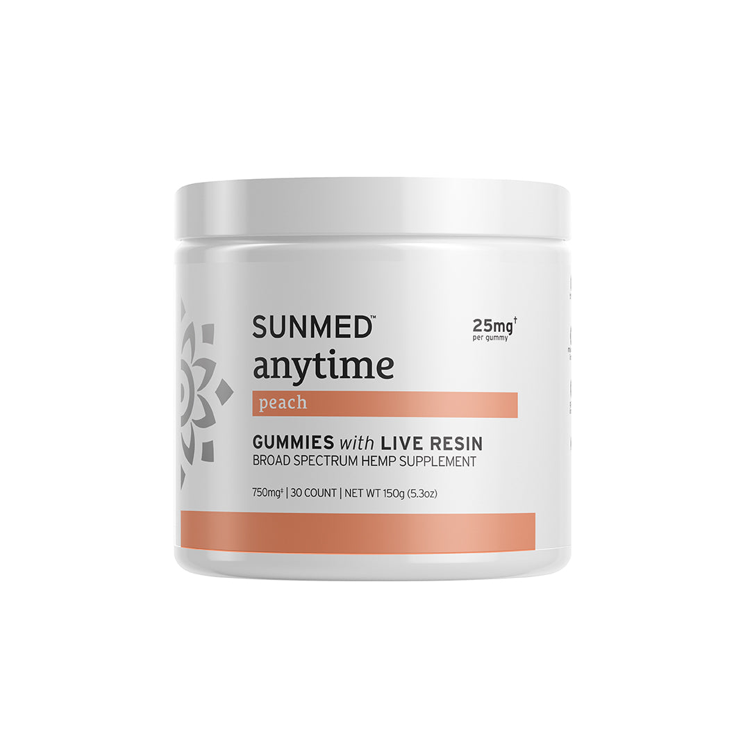 White jar labeled "Sunmed CBD Broad Spectrum CBD Anytime Gummies, 25mg per gummy, peach flavor, 30 count.