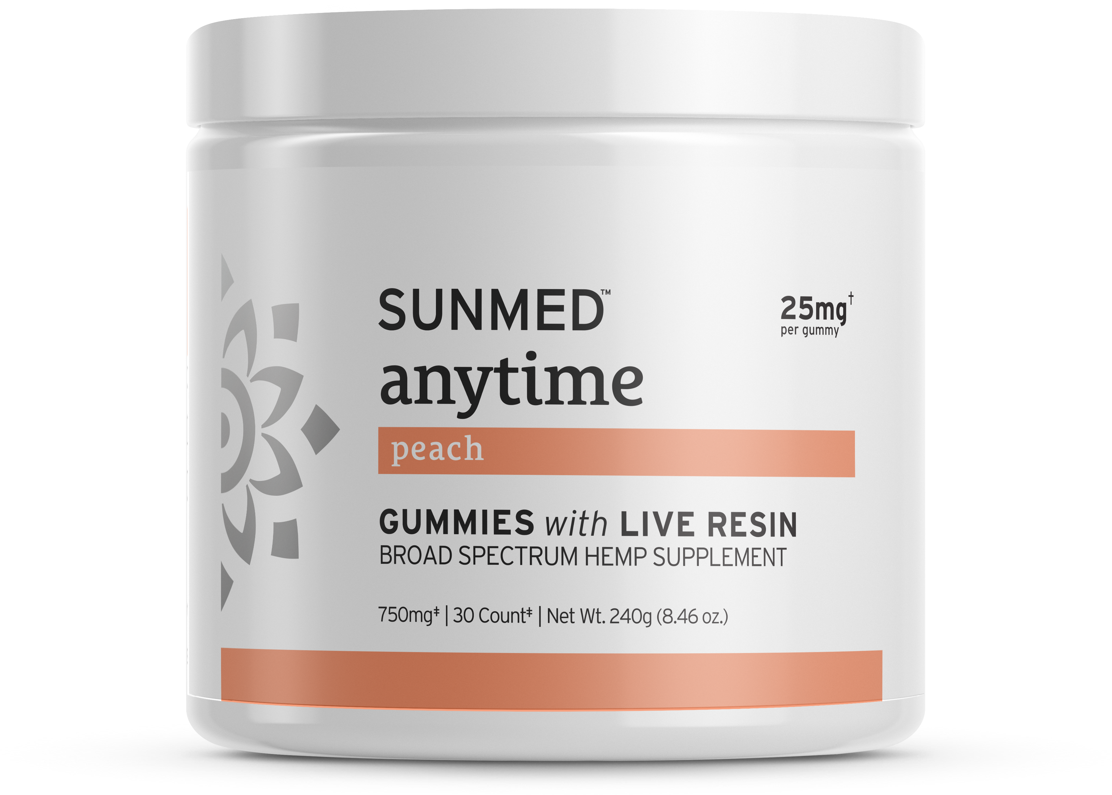 Sunmed CBD Broad Spectrum CBD Anytime Gummies—white jar, 25mg per gummy, 30 count; perfect for those seeking peach-flavored Anytime Gummies with live resin CBD.
