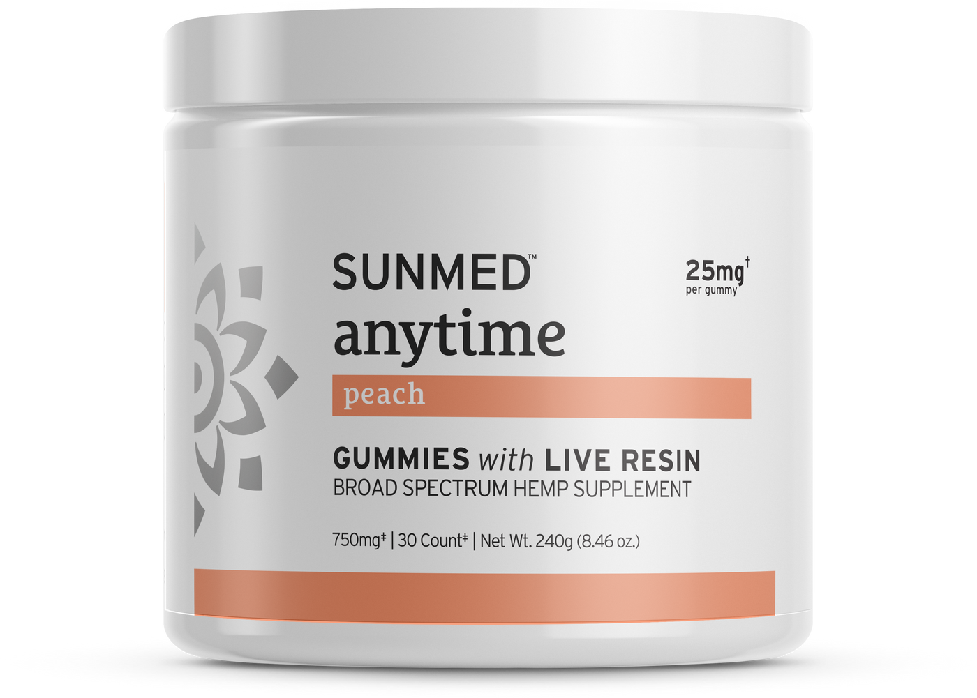 Sunmed CBD Broad Spectrum CBD Anytime Gummies—white jar, 25mg per gummy, 30 count; perfect for those seeking peach-flavored Anytime Gummies with live resin CBD.