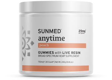 Sunmed CBD Broad Spectrum CBD Anytime Gummies—white jar, 25mg per gummy, 30 count; perfect for those seeking peach-flavored Anytime Gummies with live resin CBD.