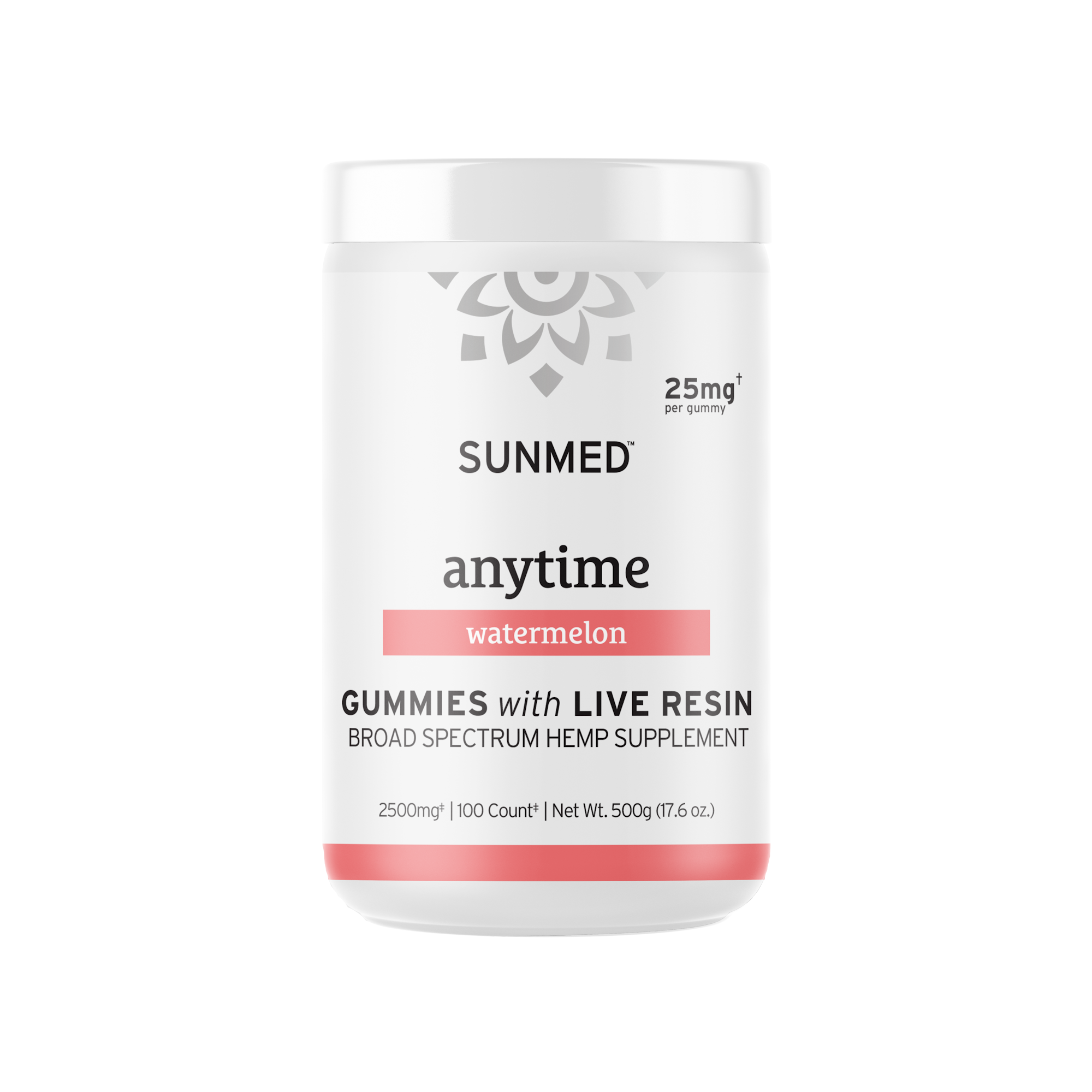 A white container of Sunmed CBD Broad Spectrum CBD Anytime Gummies, labeled as a hemp supplement, offers delicious watermelon-flavored, hemp-derived CBD in broad spectrum gummies with live resin.