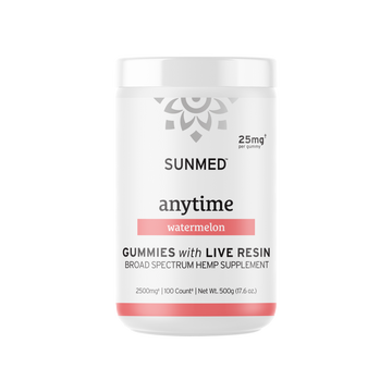 A white container of Sunmed CBD Broad Spectrum CBD Anytime Gummies, labeled as a hemp supplement, offers delicious watermelon-flavored, hemp-derived CBD in broad spectrum gummies with live resin.
