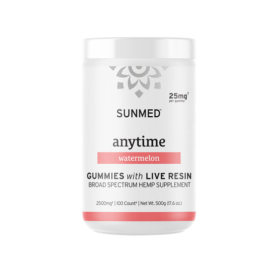 White container of Sunmed CBD Broad Spectrum CBD Anytime Gummies, Watermelon flavor with Live Resin CBD and broad spectrum hemp extract; 100 gummies per bottle.