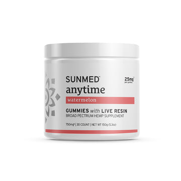 Sunmed CBD Broad Spectrum CBD Anytime Gummies—30 count, 25mg each. Enjoy these tasty watermelon gummies for convenient wellness support anytime.