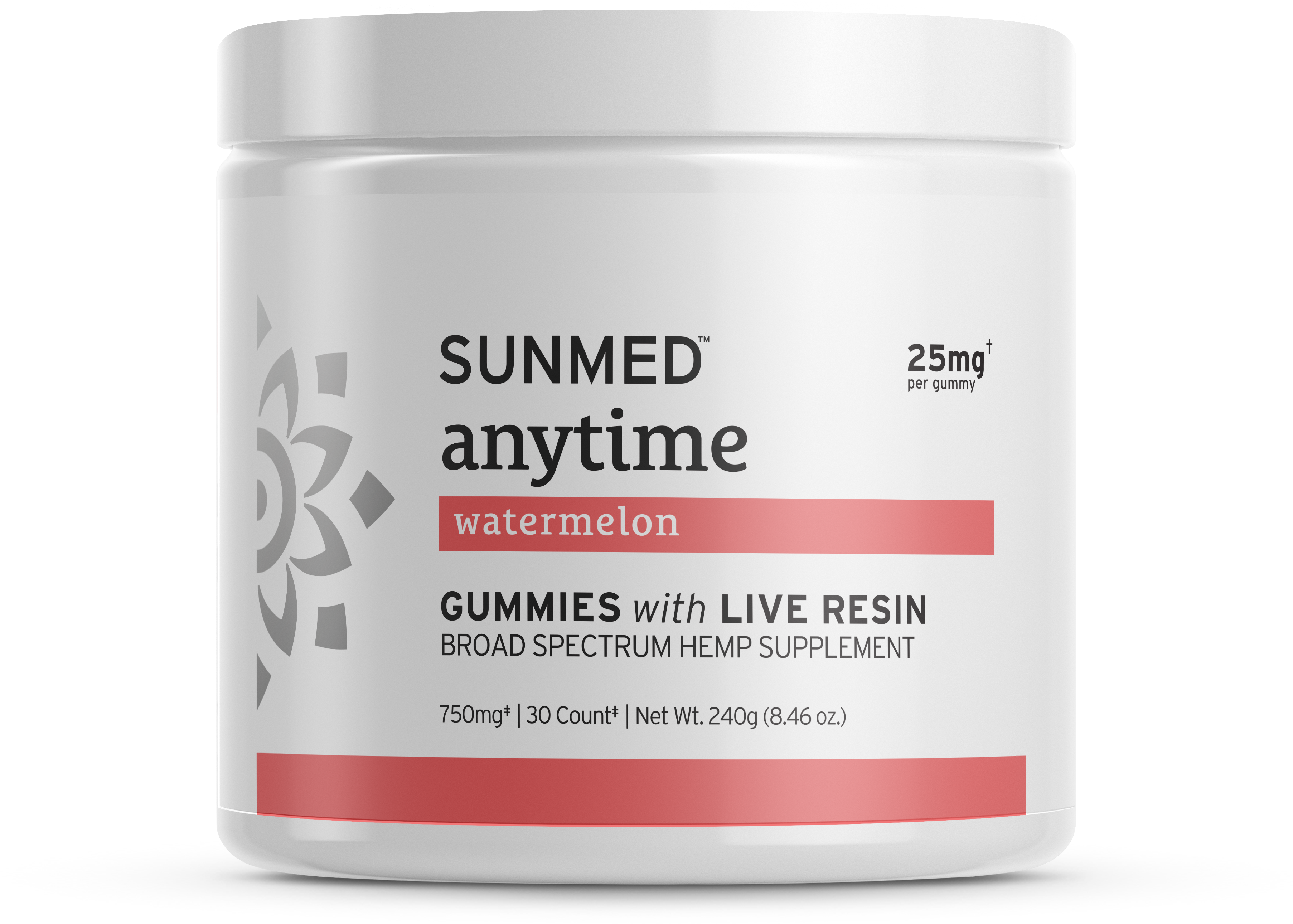White jar labeled “Sunmed CBD Full Spectrum Anytime CBD Gummies,” a hemp-derived supplement.