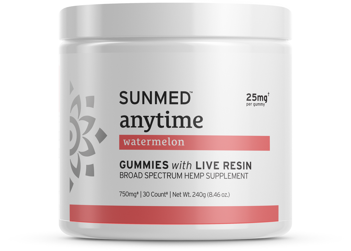 White jar labeled “Sunmed CBD Full Spectrum Anytime CBD Gummies,” a hemp-derived supplement.