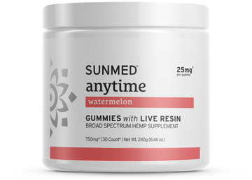 White jar labeled “Sunmed CBD Full Spectrum Anytime CBD Gummies,” a hemp-derived supplement.