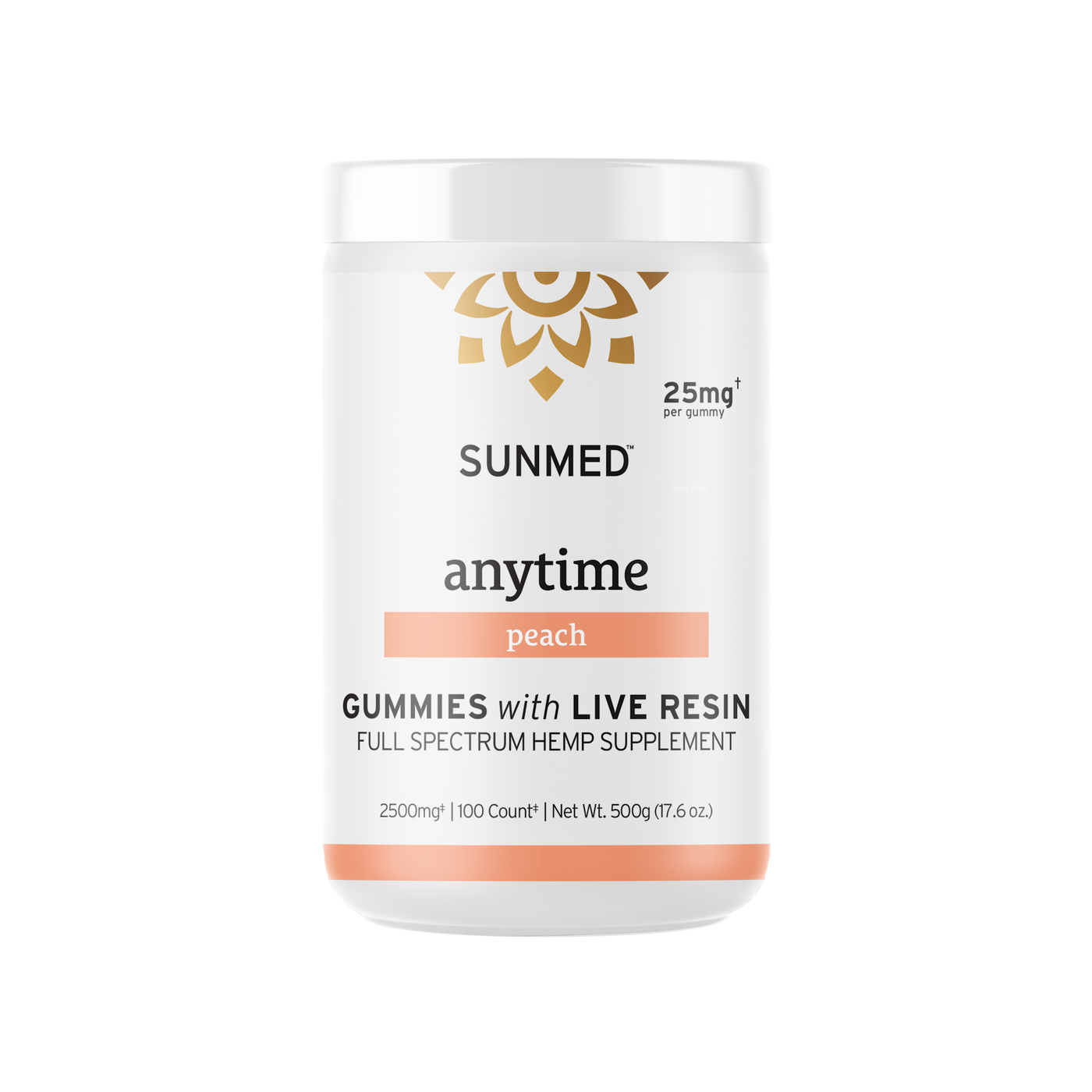 A white container of Sunmed CBD Full Spectrum Anytime CBD Gummies, 25mg each, peach flavor with live resin, 100 count, 500g.