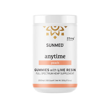 White container of Sunmed CBD Full Spectrum Anytime CBD Gummies, 100 count, 500g—hemp-derived supplement with live resin and peach flavor.