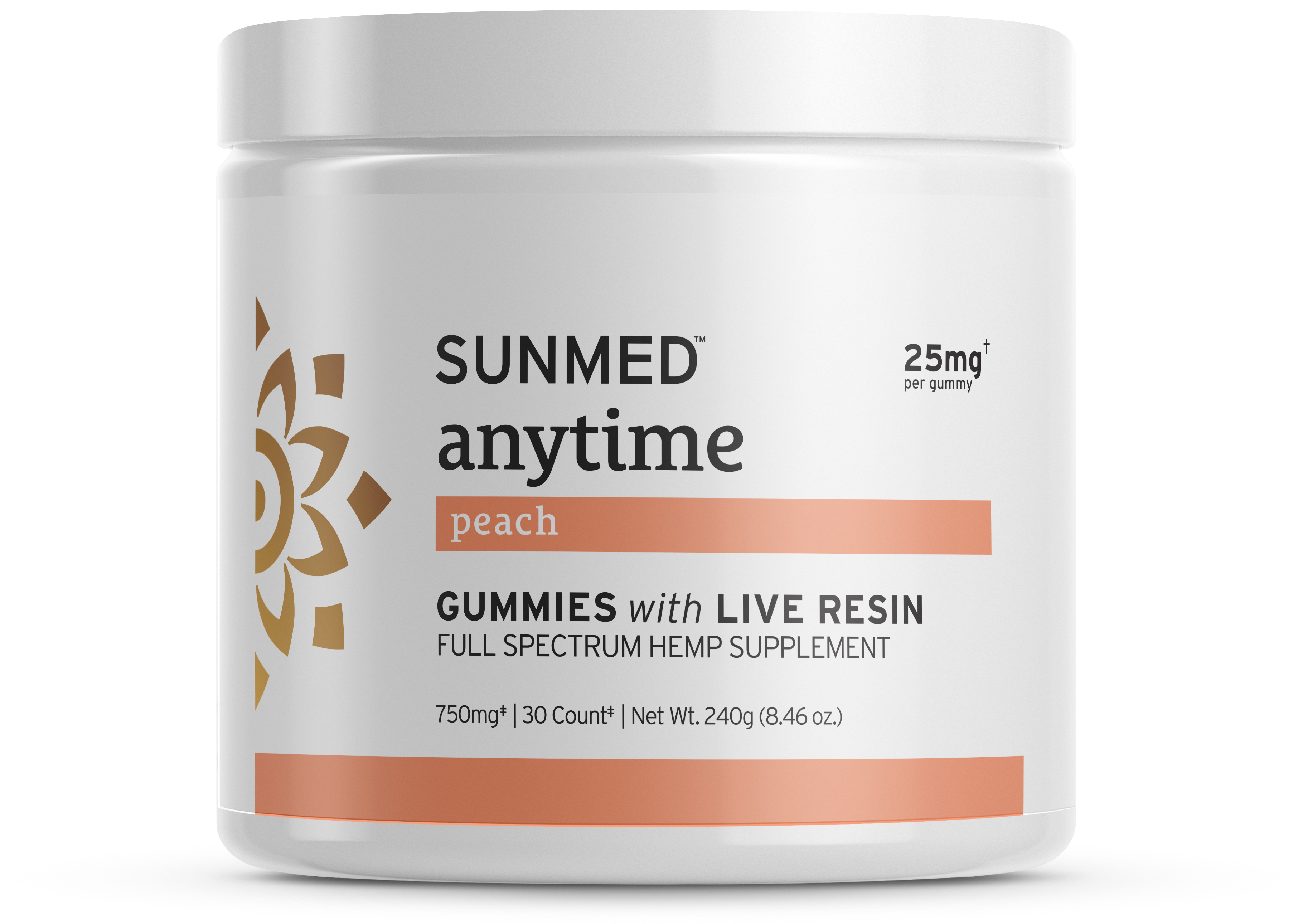 A white jar of Sunmed CBD Full Spectrum Anytime CBD Gummies, labeled hemp supplement—25mg hemp-derived CBD per gummy.