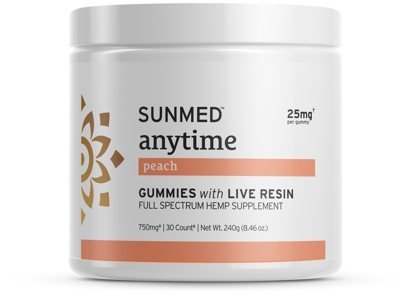 A white jar of Sunmed CBD Full Spectrum Anytime CBD Gummies, labeled hemp supplement—25mg hemp-derived CBD per gummy.