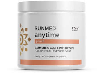 A white jar of Sunmed CBD Full Spectrum Anytime CBD Gummies, labeled hemp supplement—25mg hemp-derived CBD per gummy.