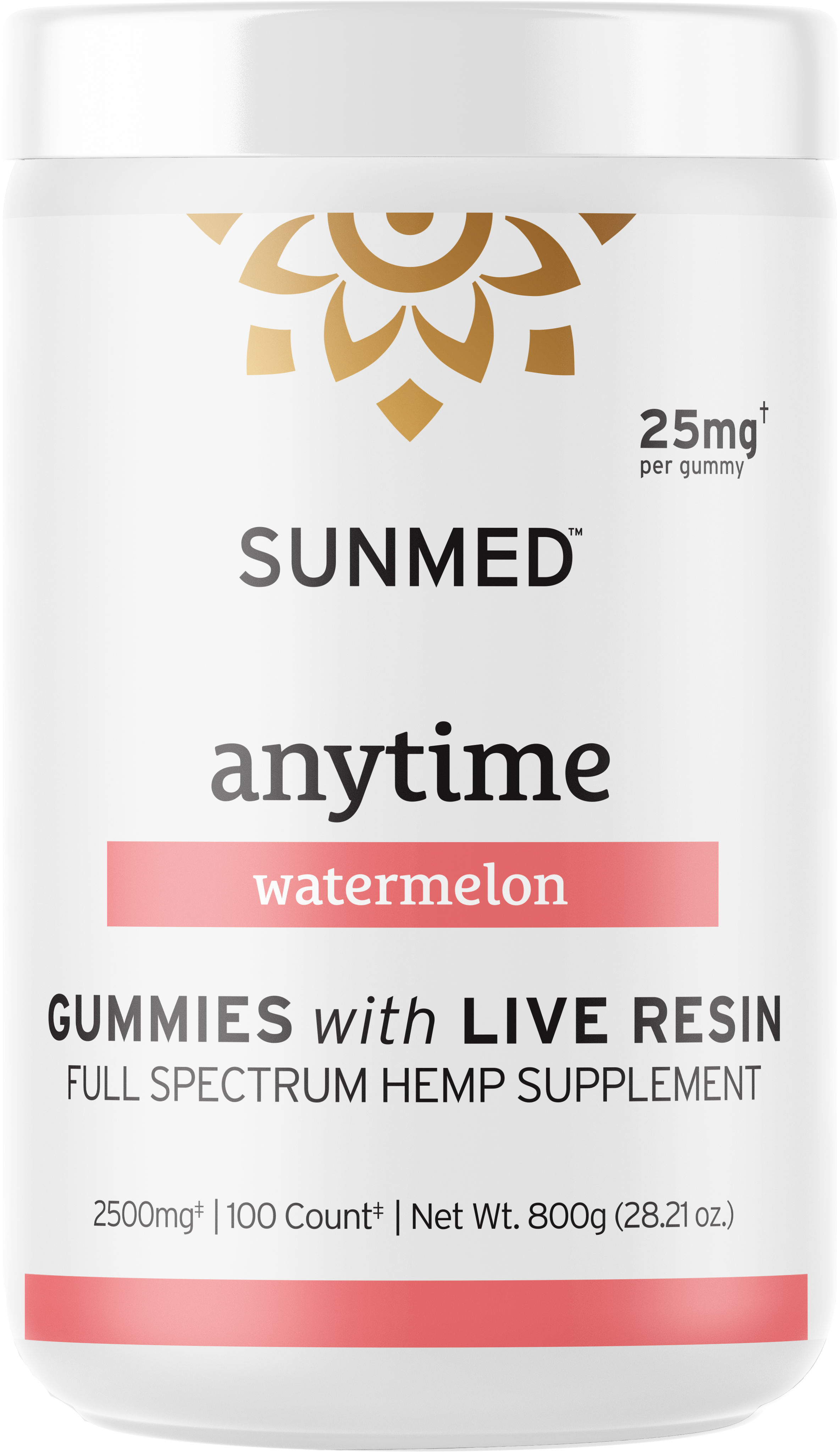 Sunmed CBD Full Spectrum Anytime CBD Gummies in a white bottle labeled "watermelon" with live resin, a full spectrum hemp supplement.