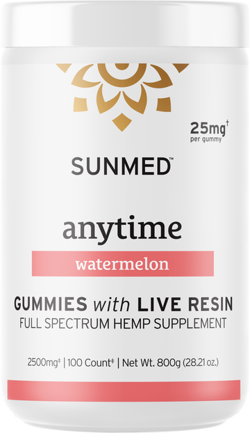 Sunmed CBD Full Spectrum Anytime CBD Gummies in a white bottle labeled "watermelon" with live resin, a full spectrum hemp supplement.