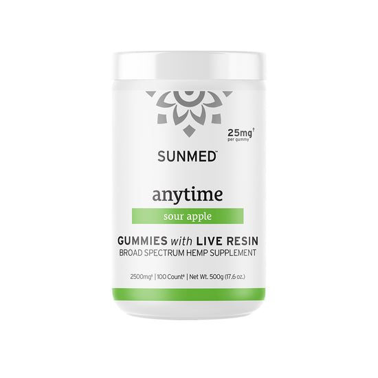 White container of Sunmed CBD Broad Spectrum CBD Anytime Gummies, Sour Apple flavor, made with live resin and labeled as a hemp supplement.