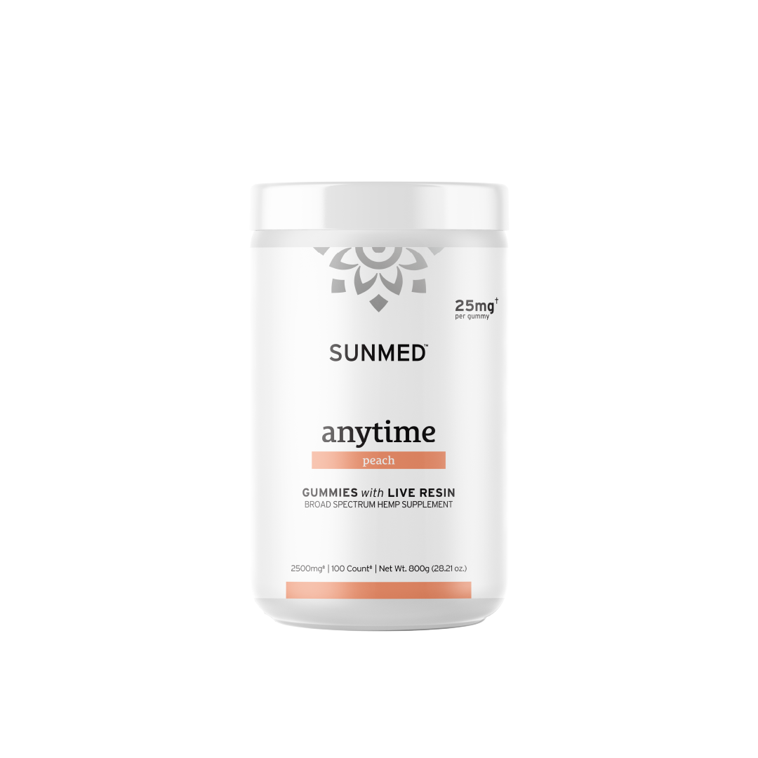 White container of Sunmed CBD's Broad Spectrum CBD Anytime Gummies, peach flavor with live resin for enhanced effects, 2500mg total, 25mg per serving, and 100 count.