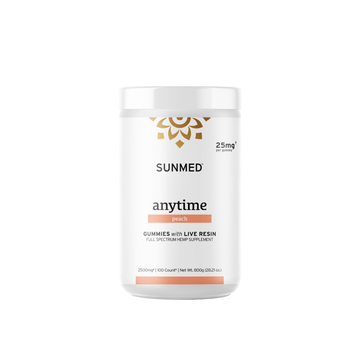 A white bottle labeled "Sunmed CBD Full Spectrum Anytime Peach Gummies," containing 100 CBD gummies, boasting a total of 2500mg Premium Hemp Extract.