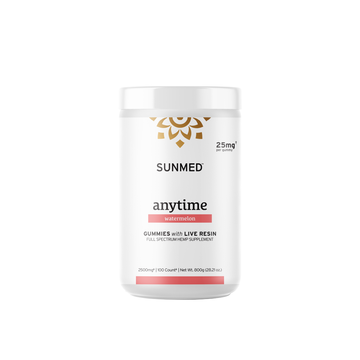 A white container of Sunmed CBD Full Spectrum Anytime Watermelon CBD Gummies with premium hemp extract, labeled as 25 mg per serving, 100 count.