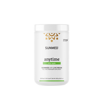 A white container labeled "Sunmed CBD Full Spectrum Anytime CBD Gummies" containing 2500mg of full spectrum CBD gummies with premium hemp extract in sour apple flavor.