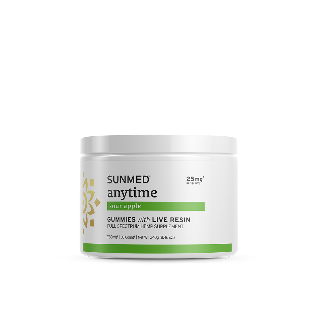 A white container labeled "Sunmed CBD Full Spectrum Anytime Sour Apple CBD Gummies, 25mg per serving, 30 count.