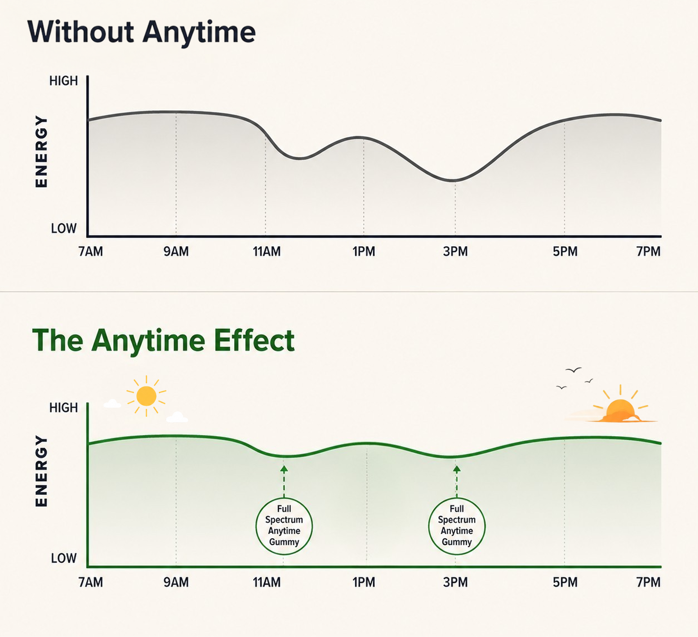 Two line graphs compare daily energy levels with and without Sunmed CBD’s Full Spectrum Anytime CBD Gummies from 7AM to 7PM, highlighting a noticeable difference in sustained vitality for those consuming the product.