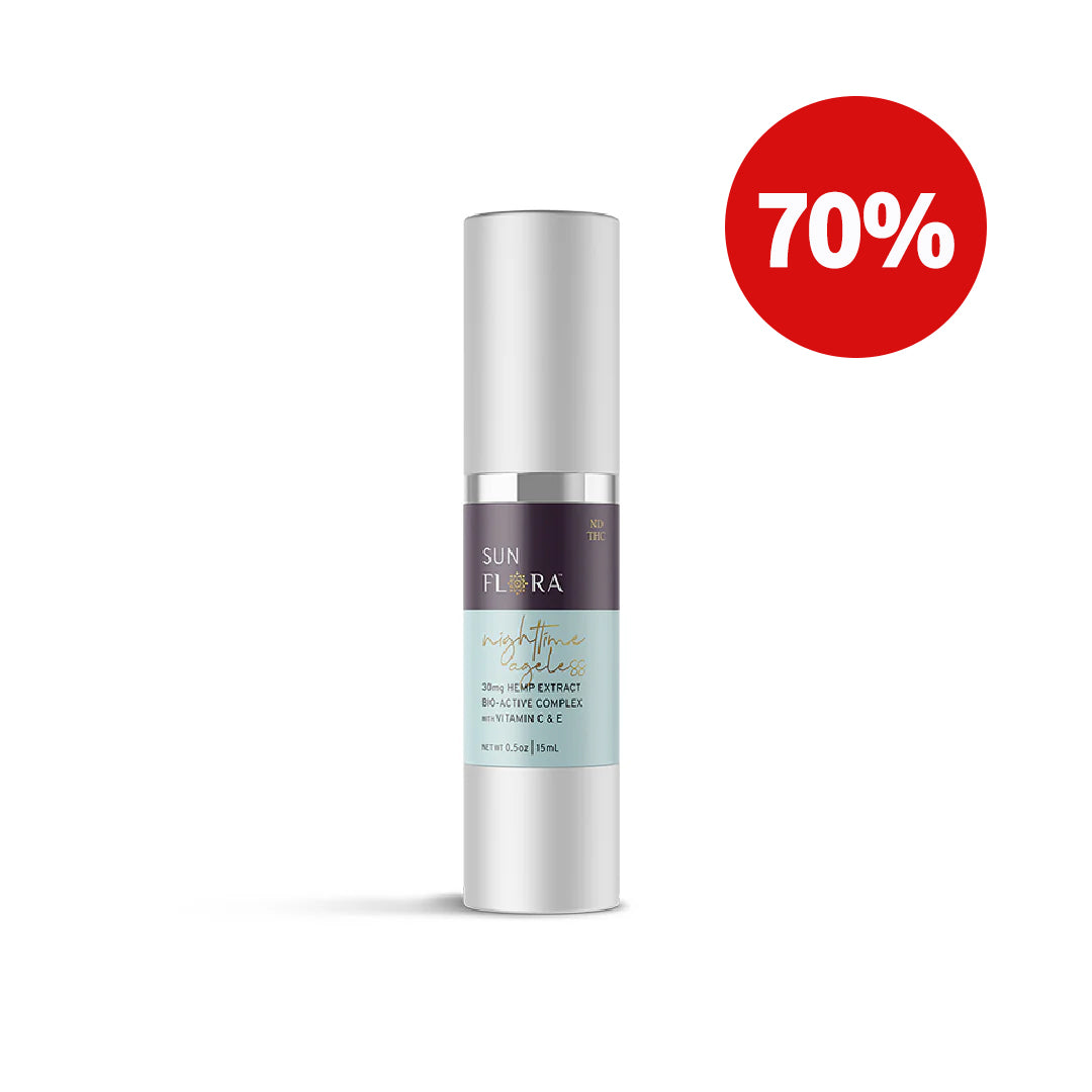 A sleek silver bottle of the Broad Spectrum Nighttime Ageless Serum by Sunmed CBD, made with all-natural ingredients, showcases a bold red label indicating a 70% discount.