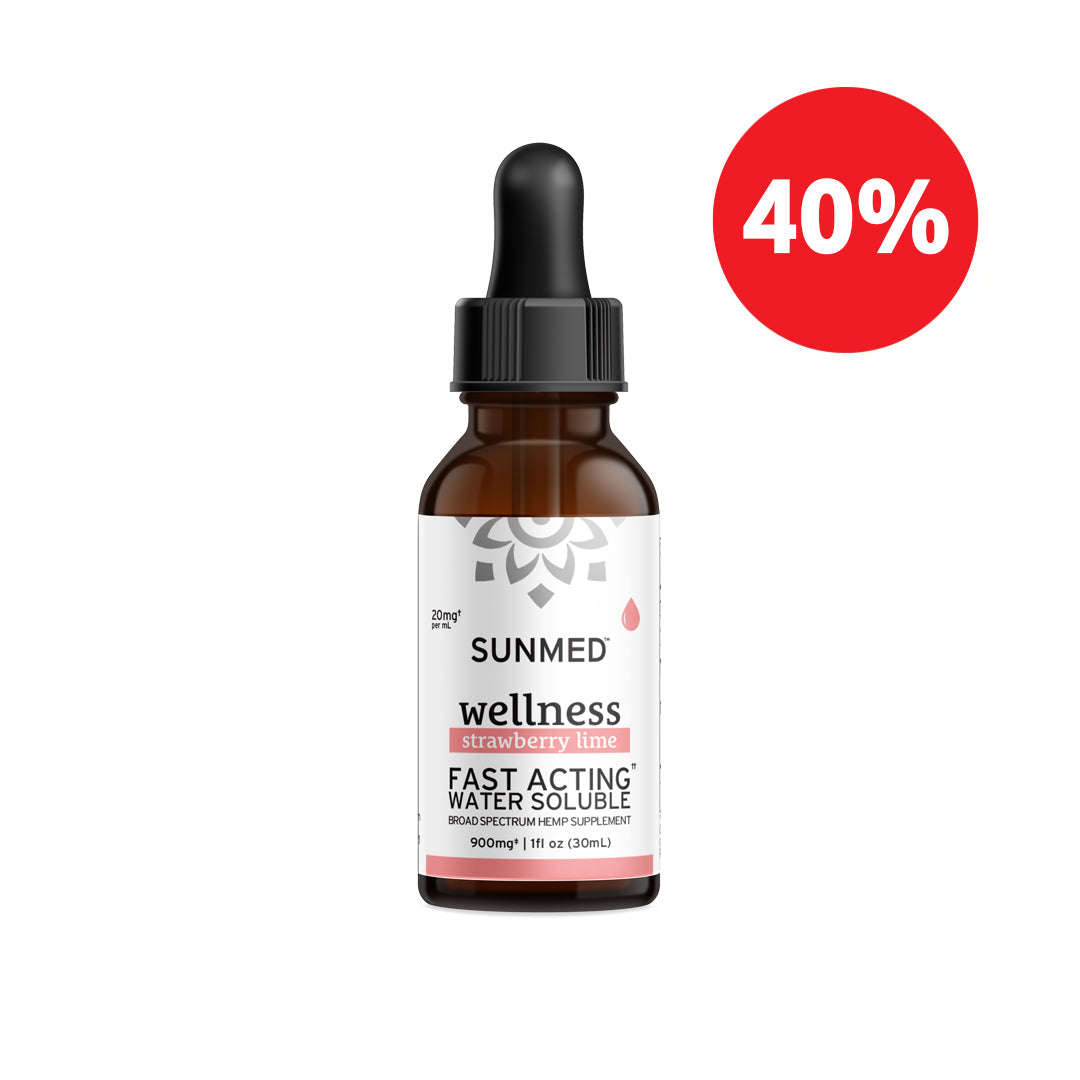Brown dropper bottle labeled "Sunmed CBD" with a red "40%" discount circle in the corner, featuring Broad Spectrum Wellness CBD Water Soluble for fast-acting relief.