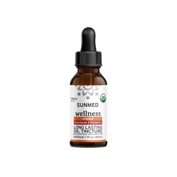 A 30ml bottle of Sunmed CBD Organic Broad Spectrum CBD Tincture, Maximum Strength Orange Long Lasting, 3000mg with a dropper top.