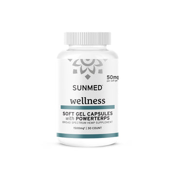 A bottle of Sunmed CBD Broad Spectrum CBD Soft Gel Capsules contains 30 capsules, each infused with Powerterps and 50mg of Hemp Extract, totaling 1500mg.