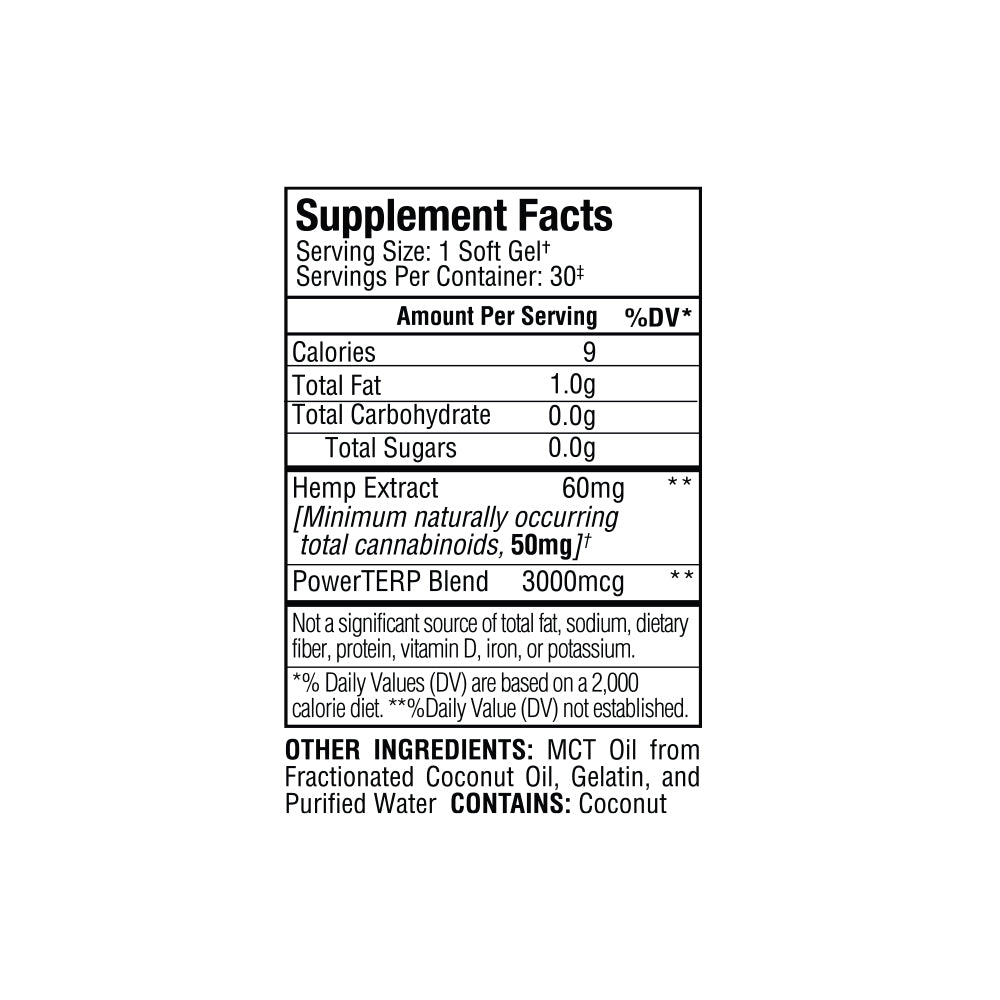 Sunmed CBD's Broad Spectrum CBD Soft Gel Capsules feature a Supplement Facts label that details servings, calories, and ingredients including Broad Spectrum CBD, Hemp Extract, and MCT Oil.