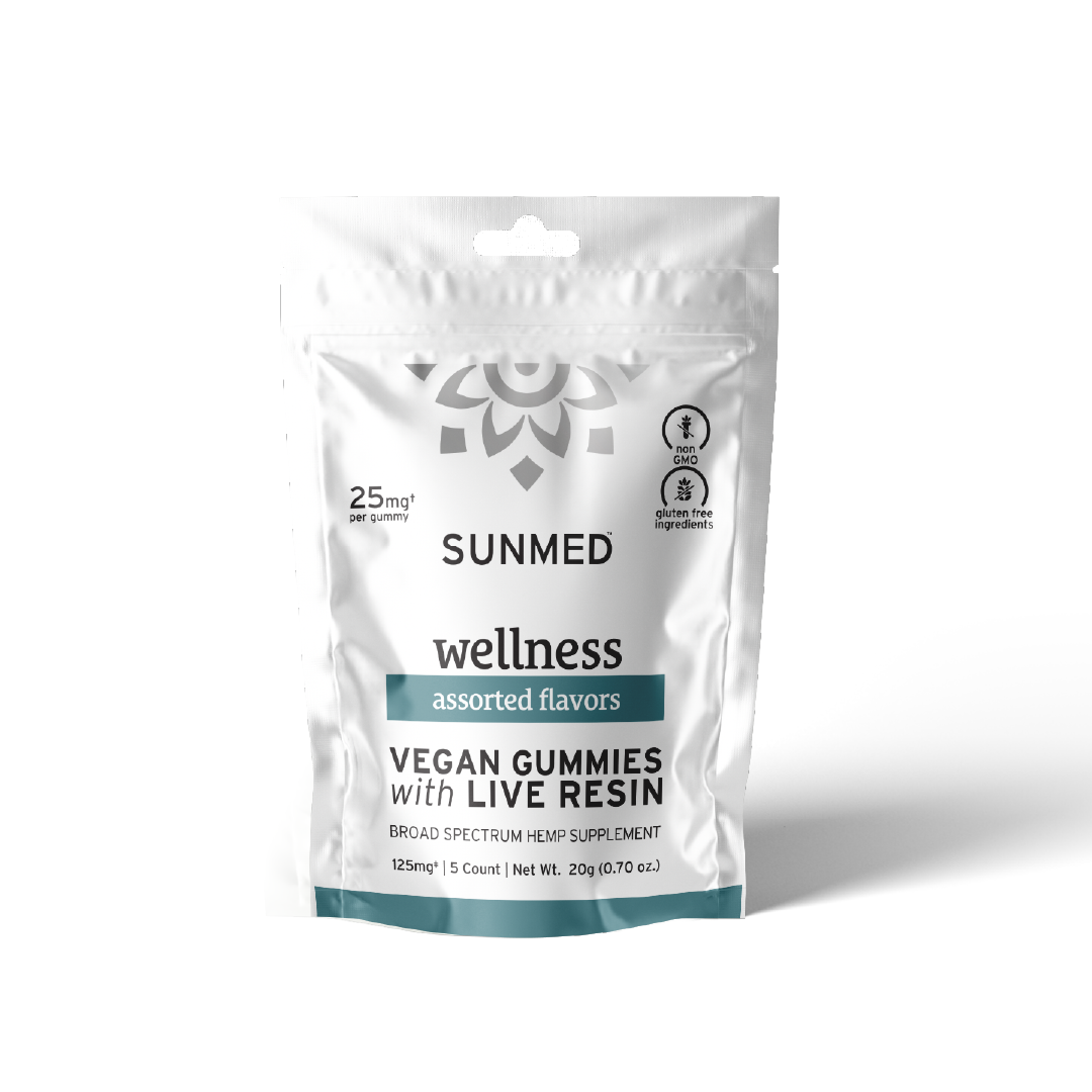 A white and teal packet labeled "Sunmed CBD Broad Spectrum Vegan Wellness CBD Gummies Starter Pack" on a white background.