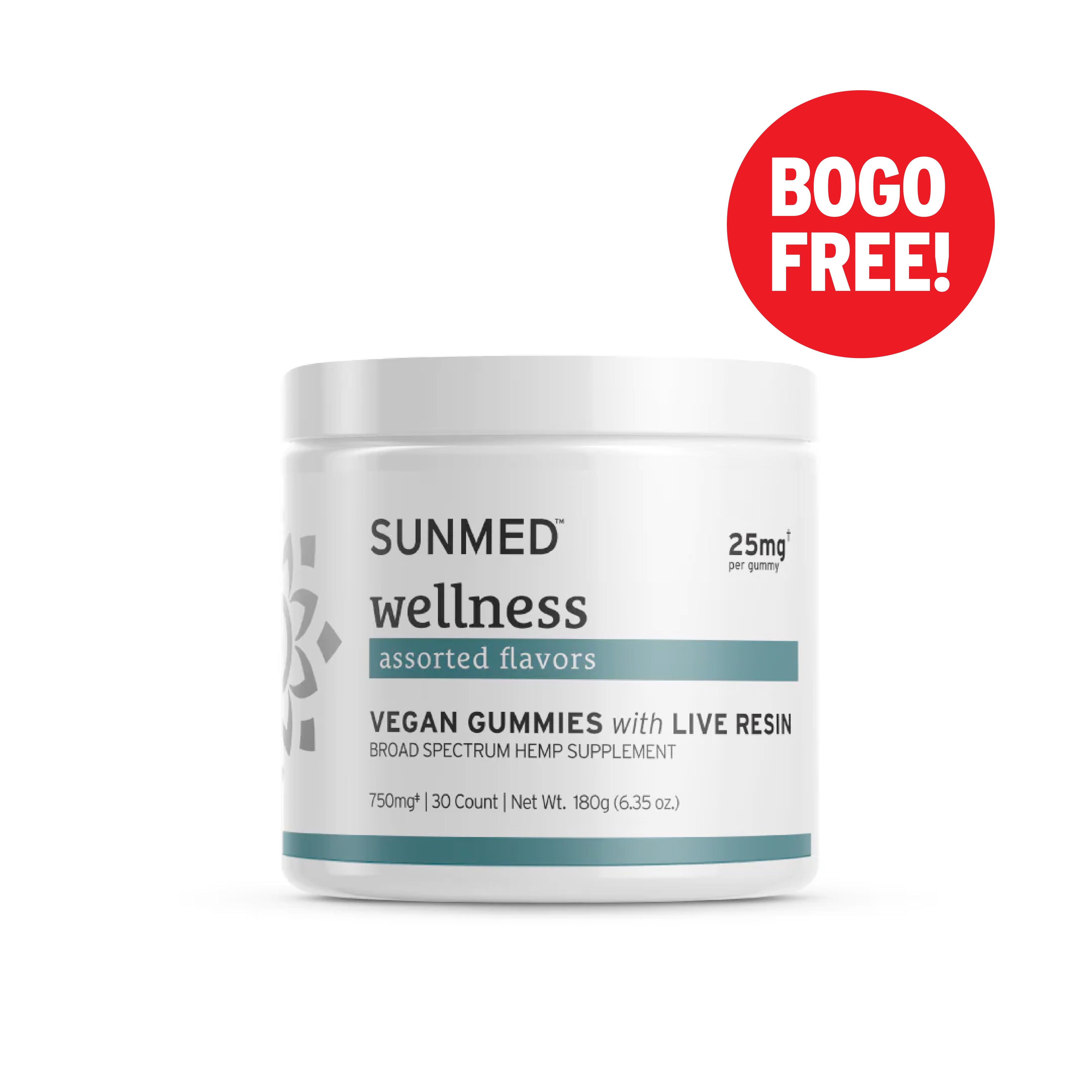 White jar of Sunmed CBD Broad Spectrum Vegan Wellness CBD Gummies with a red "BOGO FREE!" label in the top right corner.