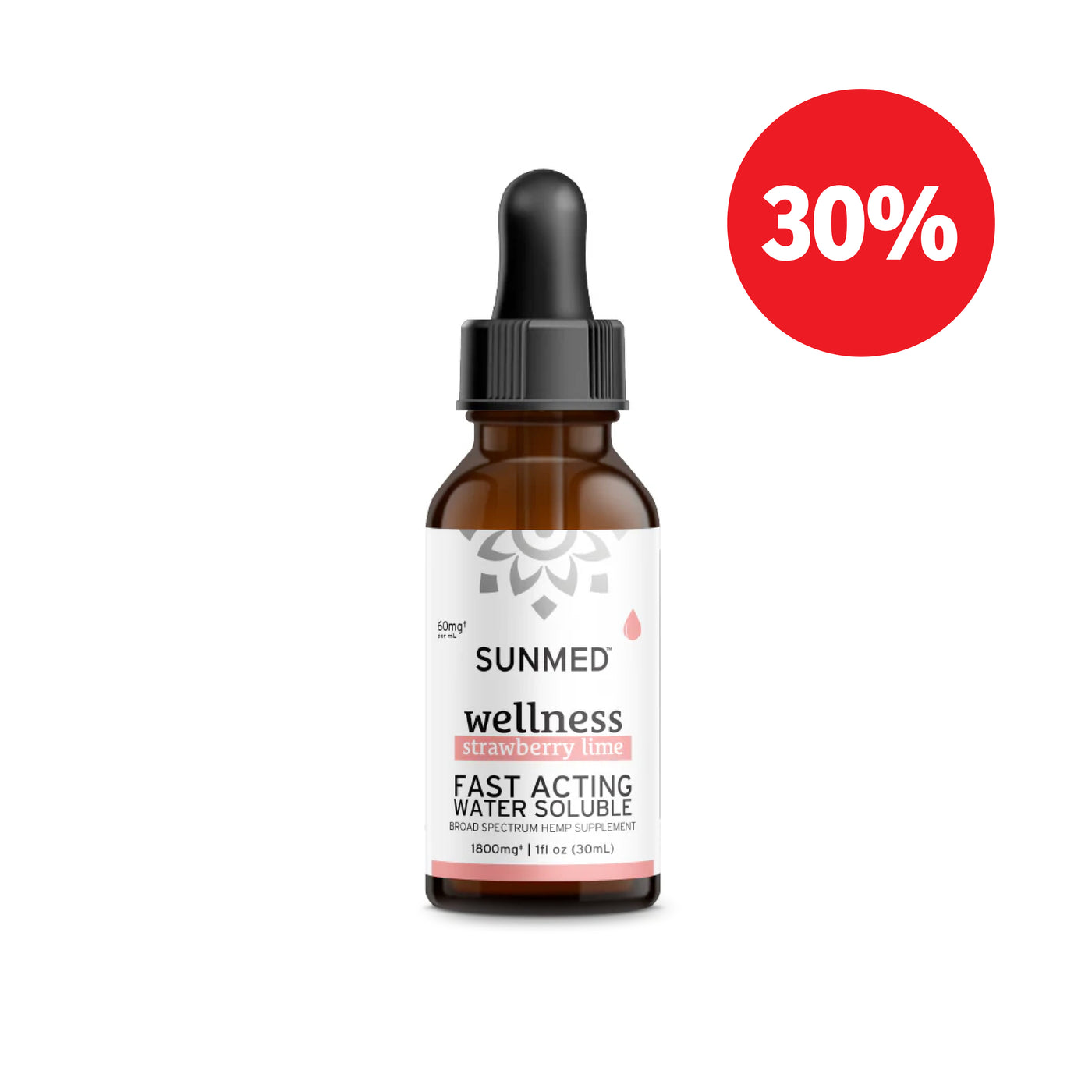 A brown dropper bottle labeled "Sunmed CBD Broad Spectrum Wellness CBD Water Soluble" with a red 30% sign, ideal for fast-acting relief seekers.