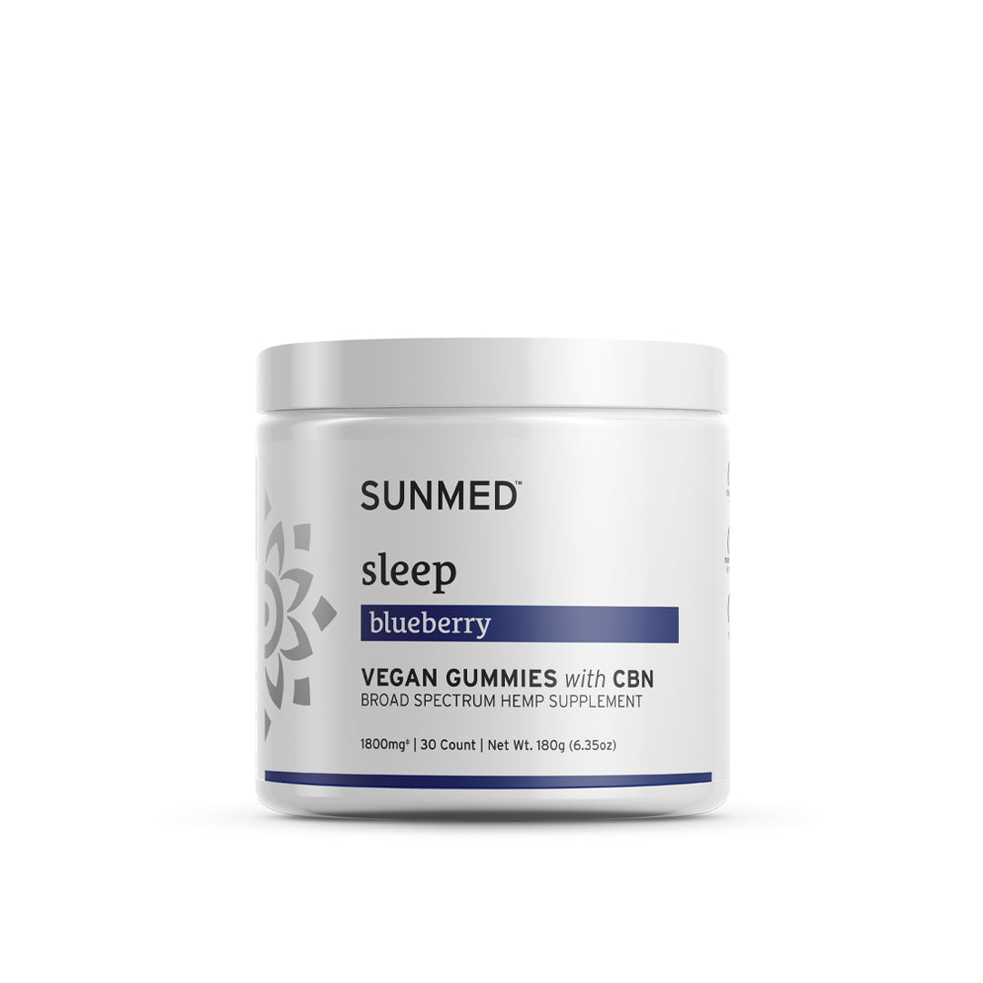 A white container of Sunmed CBD Broad Spectrum Sleep CBN Gummies in a Natural Sleep Aid Supplement, 30 count.